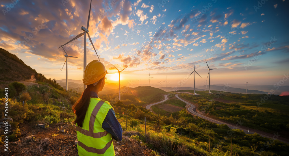Naklejka premium Black female engineer watching wind turbines farm