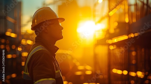 Industrial Worker in Hard Hat at Sunset Job Site