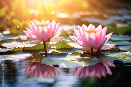 Beautiful Lotus flowers growing in pond