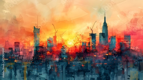 Abstract City Skyline at Sunrise and Sunset with Construction