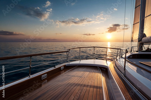 View from a yacht's bow sailing towards horizon (skyline) at sunset, serene scene. Sailing into sunset on open sea, illustration. Travel sea cruise concept. Copy ad text space. Generated Ai © Alex Vog