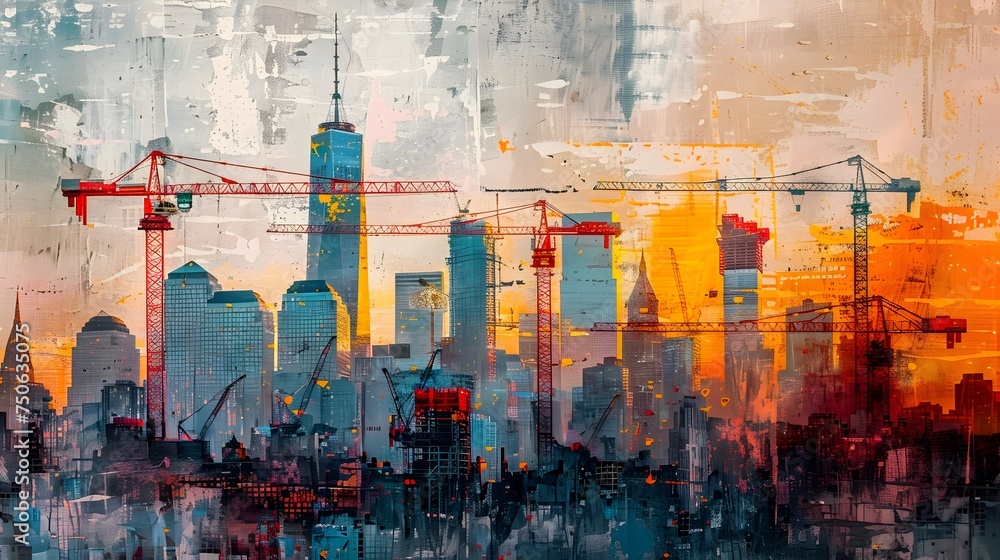 New York City Skyline with Construction Cranes at Sunset