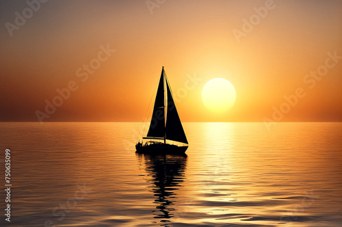 Illustration of golden sunset over calm waters with silhouette of a sailboat cruising at skyline, scenery. Sailboat at sunset on tranquil sea. Travel sea cruise concept. Copy ad text space. Gen Ai © Alex Vog
