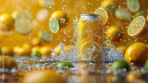 white plain soft-drink can 330ml floating, whole lemons and limes in the air scattered, vibrant background of yellow and lime green colour, tropical vibes photo