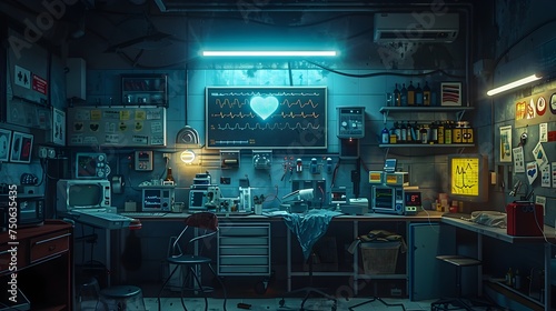 Cyberpunk Inspired Cluttered Workshop with Blue Illumination