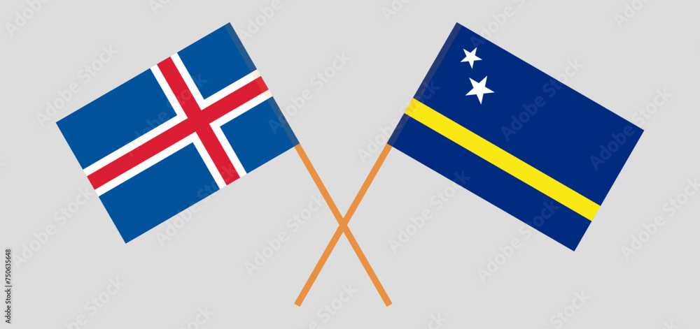 Crossed flags of Iceland and Country of Curacao. Official colors. Correct proportion