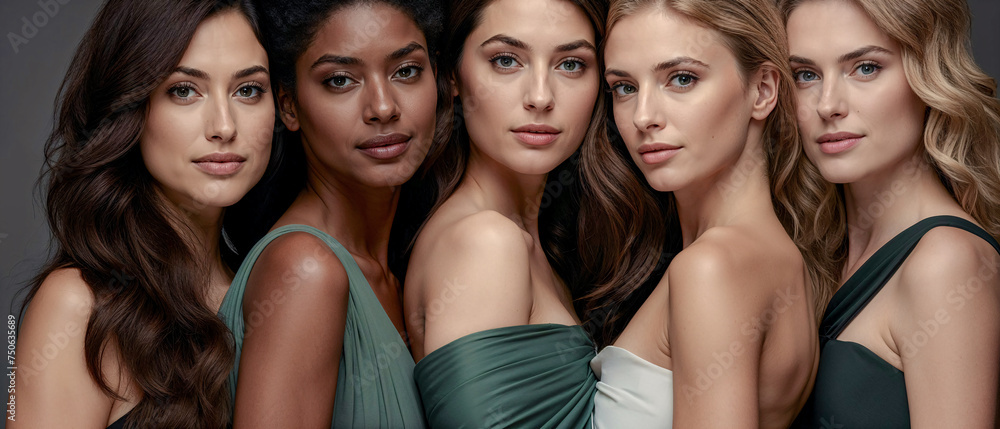 Fototapeta premium Diverse Beauty Women Showcasing Unity in Fashion Wallpaper Background Poster Card Brainstorming Fabric Model