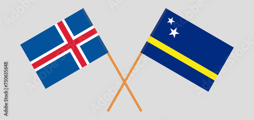Crossed flags of Iceland and Country of Curacao. Official colors. Correct proportion