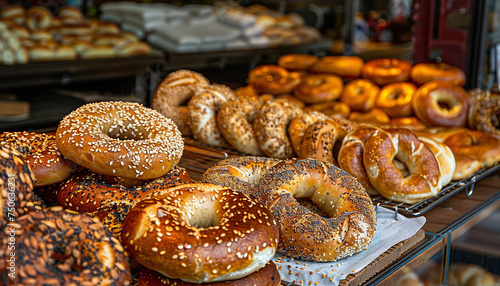 An assortment of bagels in a local bakery