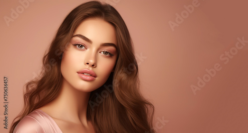 Beautiful Young Woman with Perfect Skin. Facial Skin Care. Cosmetology, Beauty, Cosmetics Concept, Spa Concept. Beige Pink Background with Copy Space. 