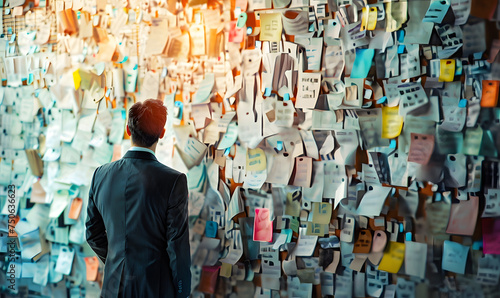 A picture of man standing in front of a wall covered in sticky notes, back view, creative concept of strategic business planning, organization of thinking.