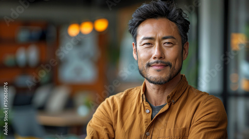 A close-up portrait of a successful Asian man