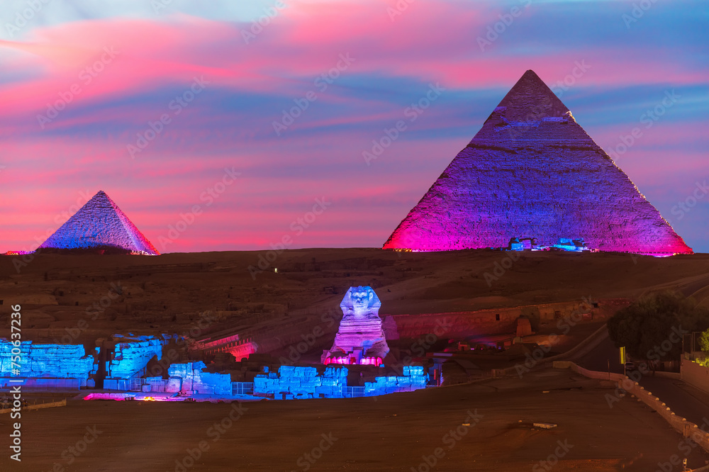 The Pyramid of Egypt and the great Sphinx night view in the lights, Giza