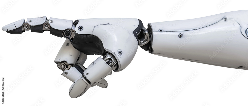 White cyborg AI robotic hand finger pointing. isolated on transparent background White cyborg AI robotic hand finger pointing. isolated on transparent background
