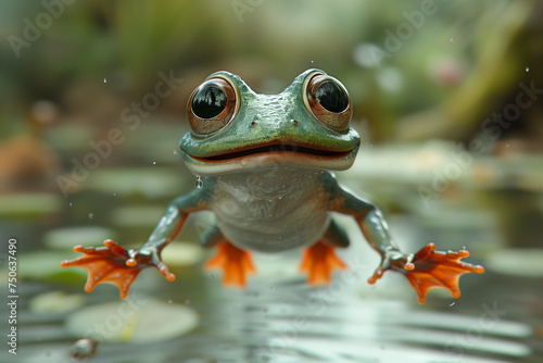 A frog sits atop a body of water in a natural setting  for World Frog Day or Leap Day February 29
