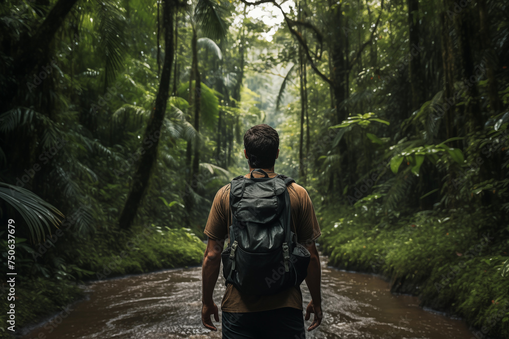 Lone traveler with a backpack walks along a river in a dense tropical forest
