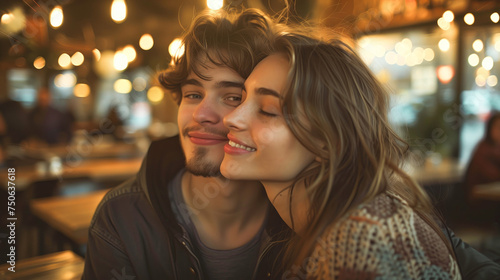 Happy young man and woman couple in love sitting together at a table in a cafe