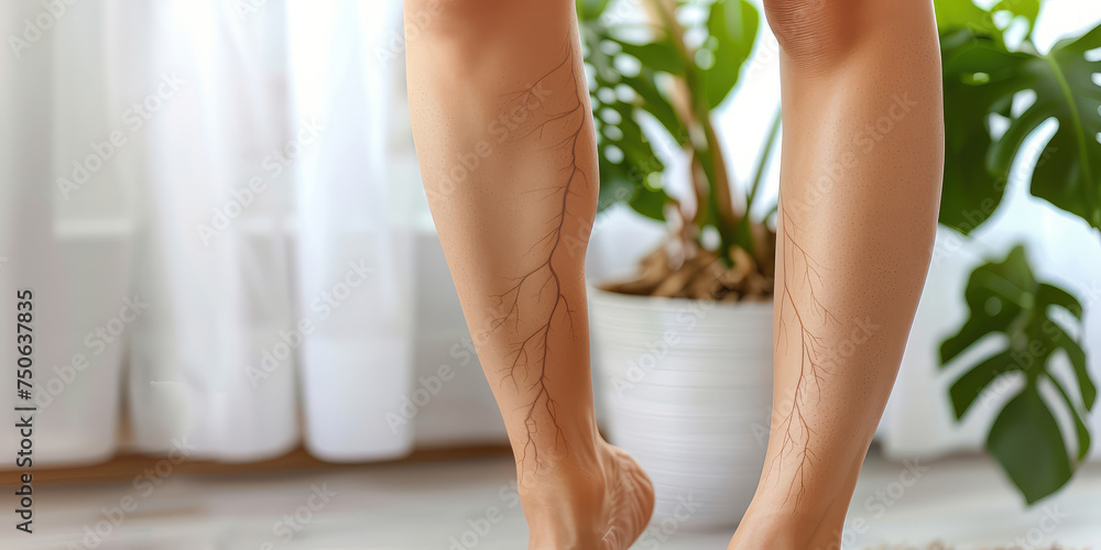 Vein Health Awareness. Detailed illustration of sick varicose veins on female legs, copy space.