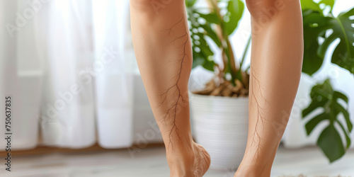 Vein Health Awareness. Detailed illustration of sick varicose veins on female legs, copy space.