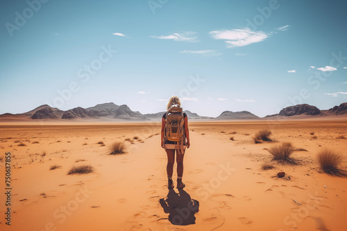A lone female hiker with a backpack gazes at the desert dunes under a clear sky © Татьяна Евдокимова