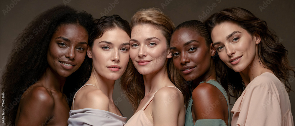 Fototapeta premium Diverse Beauty Women Showcasing Unity in Fashion Wallpaper Background Poster Card Brainstorming Fabric Model
