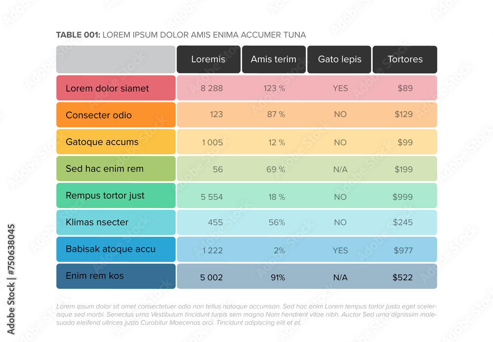 Simple stylized rainbow pastel data table layout template