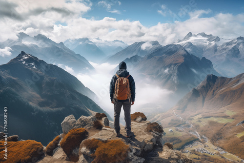 Person stands on a cliff overlooking a vast mountain range, engulfed in clouds