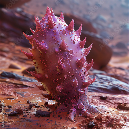 3d rendering of an alien plant life on exotic terrain: Digital art of a fantastical alien flora with dewdrops in an extraterrestrial landscape