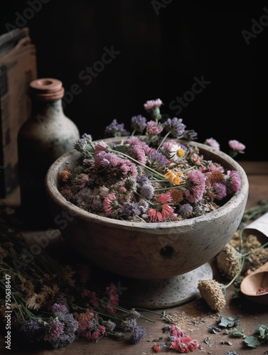 Vintage bowl with dried flowers on wooden surface: artistic display of assorted dried blossoms in an antique bowl against a rustic background
