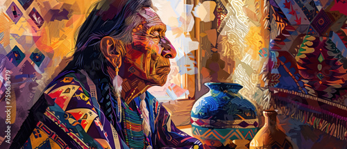 A contemplative portrait of a Native American craftsman  surrounded by intricate beadwork and pottery  focused intently on his art  with the soft light of dawn filtering through a window.