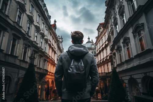 Rear view of a young male traveler walking through a charming old street in Europe with a backpack