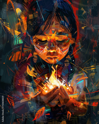 An intimate portrait of a Native American child  curiosity in their eyes  holding a small  carved animal totem  with the warm glow of a campfire illuminating their features against the night.
