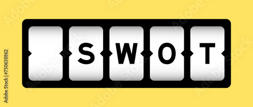 Black color in word SWOT (abbreviation of strength, weakness, opportunities, threats) on slot banner with yellow color background