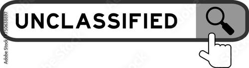 Search banner in word unclassified with hand over magnifier icon on white background