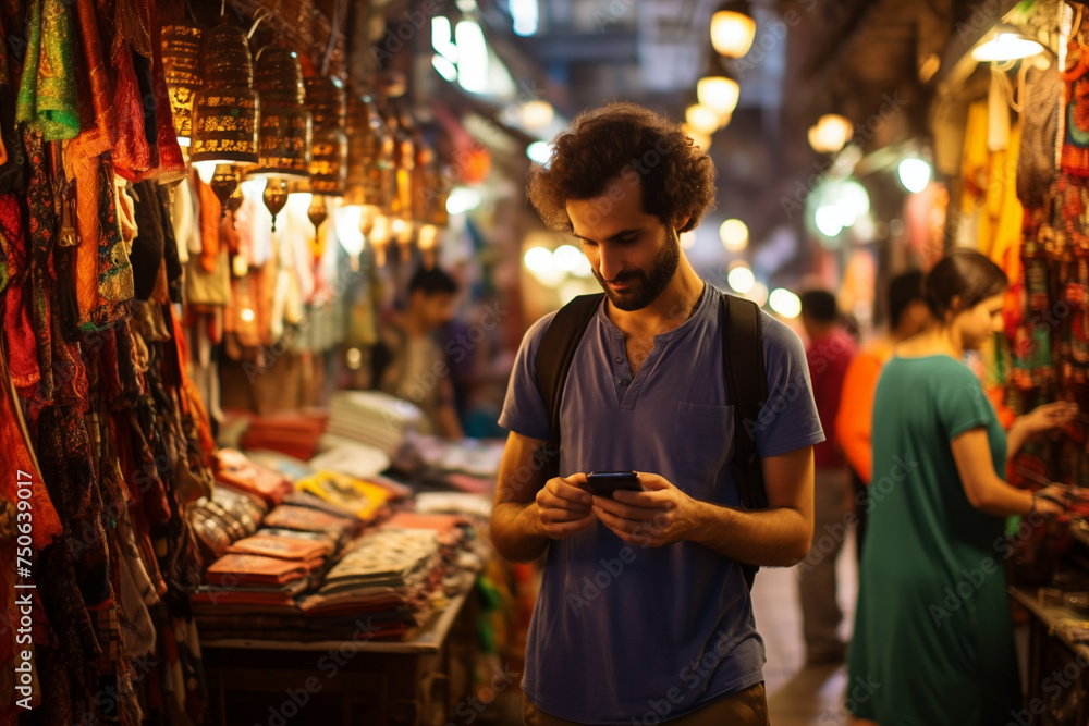 Young man engrossed in his phone amidst the vibrant atmosphere of an exotic market