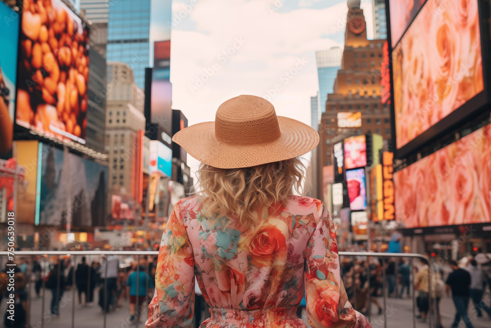 Female traveler in a hat admires the bustling ambiance of the big city