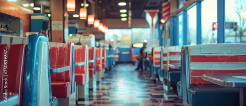 A classic American diner, with each booth representing a different state's electoral color, patrons casting votes on retro-futuristic machines.