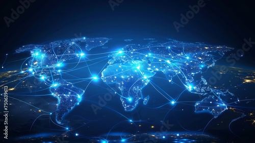 A digital representation of the Earth with illuminated outlines of the continents and connecting lines, symbolizing global networks or connections. Global connection concept.