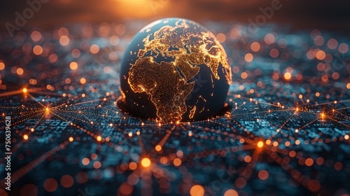 A globe with illuminated outlines of continents, placed on a surface that resembles a circuit board with glowing nodes, symbolizing global connectivity and the digital world