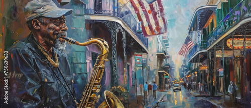 A jazz musician playing a saxophone on a street corner, with an American flag draped over a nearby balcony, blending culture and patriotism. photo