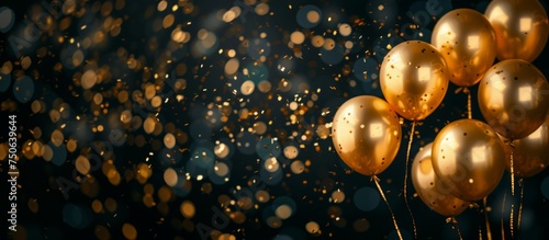 A black celebration banner with floating golden balloons and falling confetti, with copy-space. Concept: party invitations, postcards, or backgrounds