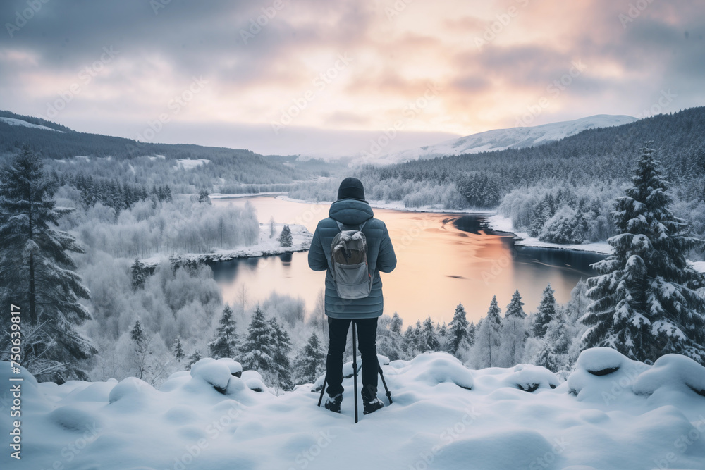 Lone photographer stands amidst a serene, snow-covered forest landscape at sunrise