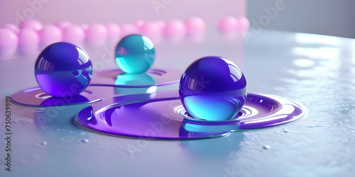 Three purple pastel balls rolling around circle on soft surface. Top view of spheres touching liquid material. 3D render animation. Seamless loop. photo