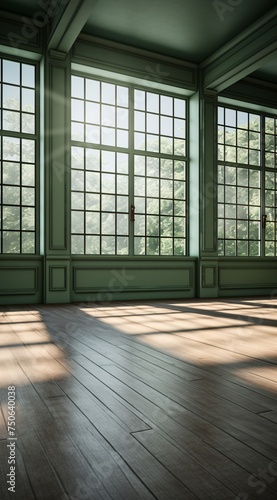 a room with large windows and a wood floor