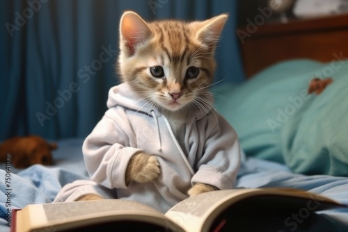 kitten in clothes, a robe, reading a book in a cozy bed. cute fluffy cat teaches lessons. pet education © Svetlana