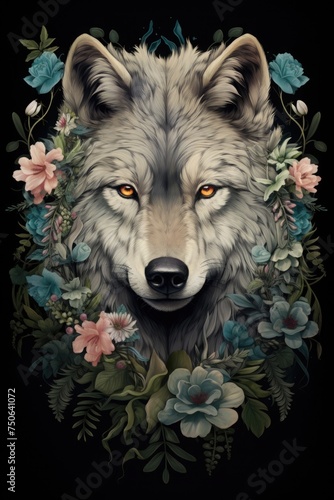 Wallpaper Mural Watercolor painting of a wolf with flowers wreath. boho style. rustic and retro Torontodigital.ca