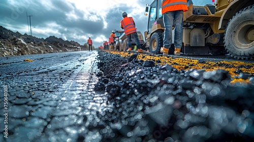Road Construction Workers Building Infrastructure in Rain
