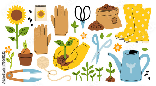Set of gardening items in hand drawn cartoon style. Various agricultural and garden tools for spring work. Growing plants, flowers and herbs, seedling. Vector clip art illustration.