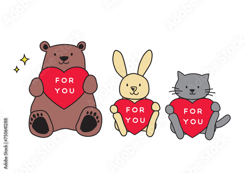 かわいい　ほっこり　イラスト素材　プレゼントを持つ動物のイラスト　ハート　バレンタイン　動物　うさぎ　くま　ねこ　イラストセット　白背景　ベクター　ほのぼの　キャラクター　プレゼント　誕生日　クリスマス　記念日