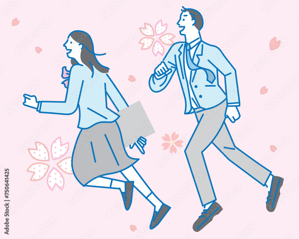 走る学生男女ー横顔ー全身ー卒業ー入学ー人物シンプルベクターイラスト素材